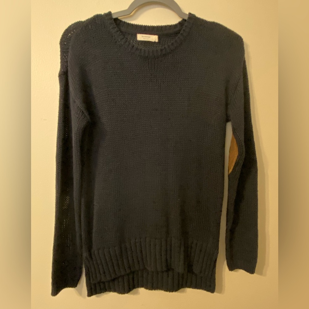 Harper Heritage Sweater Womens Size Small Navy Blue Open Knit Elbow‎ Patch